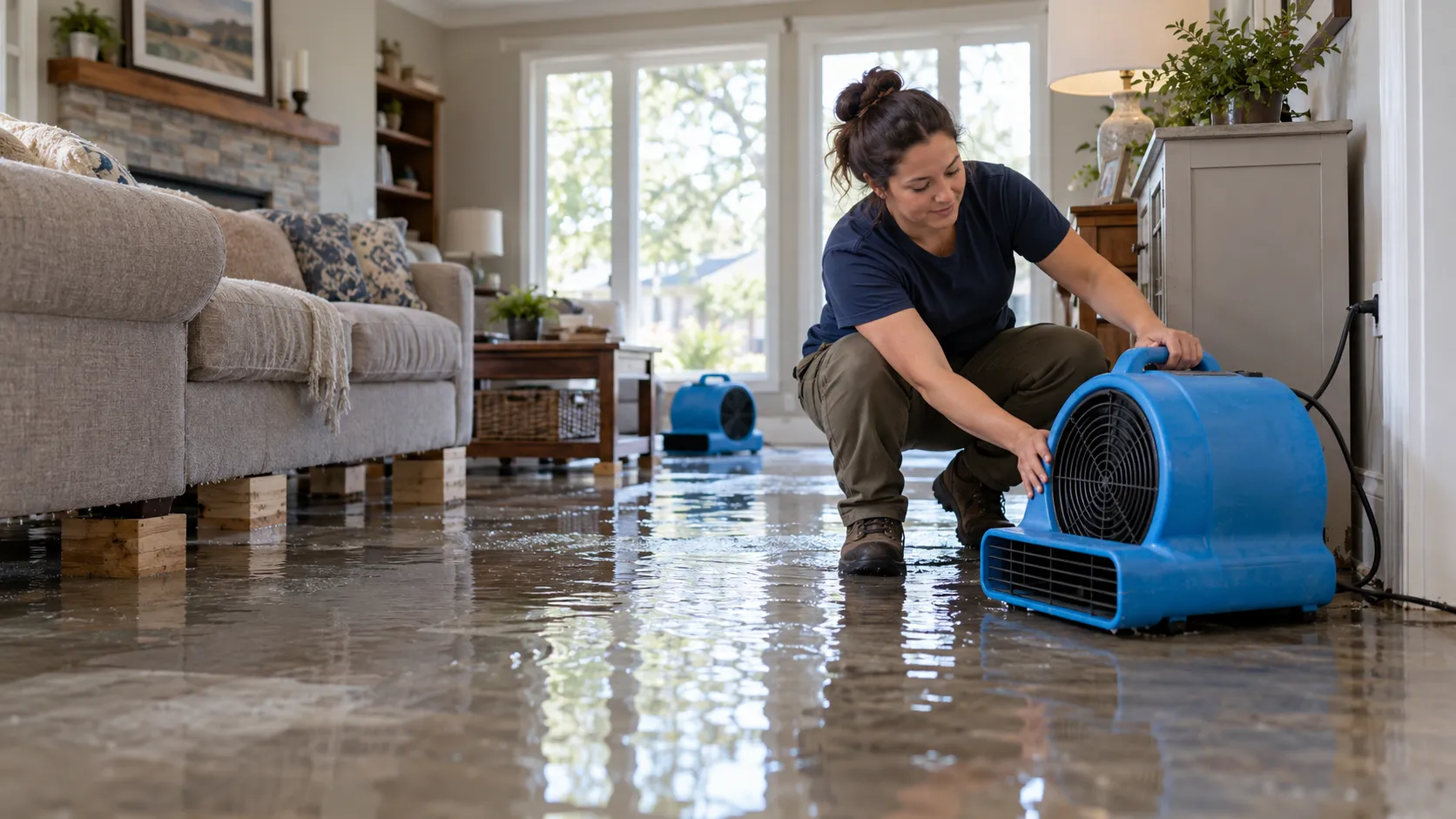 Water damage restoration technician drying a flooded living room in Orlando